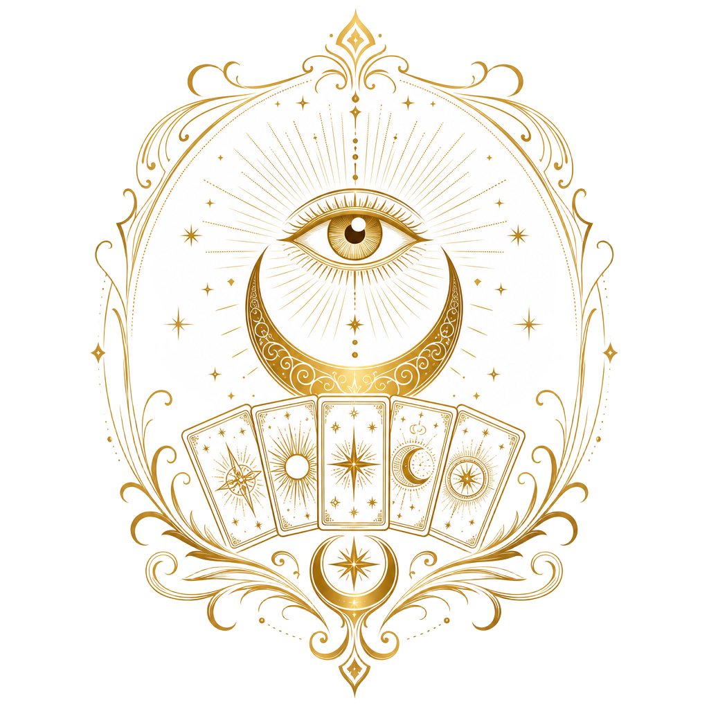 Logo Vidente Samanta - emblema dourado com olho místico, lua e cartas de tarot